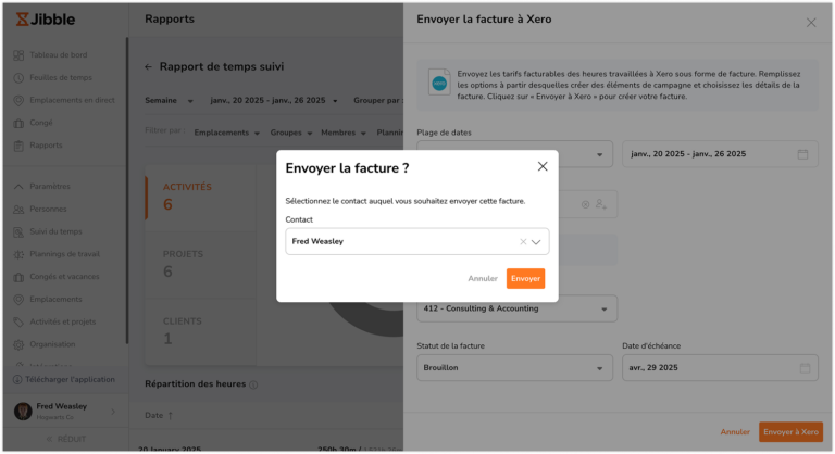 Confirmation de l'envoi de la facture à Xero
